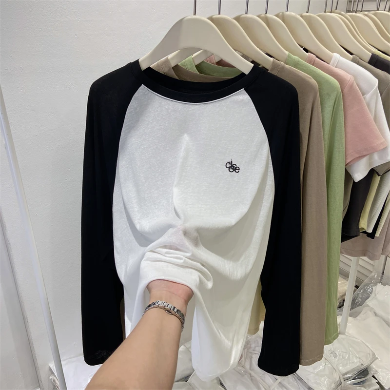 

Color blocking patchwork raglan sleeves, long sleeved round neck T-shirt, ins loose and lazy top, sun protection shirt