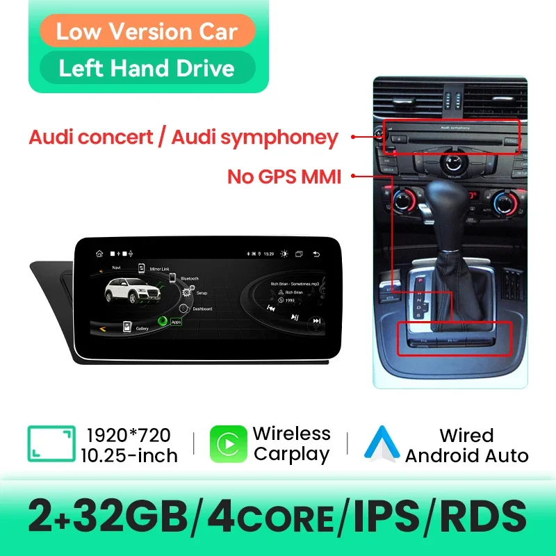 Draadloze Carplay Auto Multimedia Speler Voor Audi A4 B8 A5 2009-2017 Android 14 6 GB + 128 GB GPS Navi IPS Scherm 4G WIFI DSP AI Voice