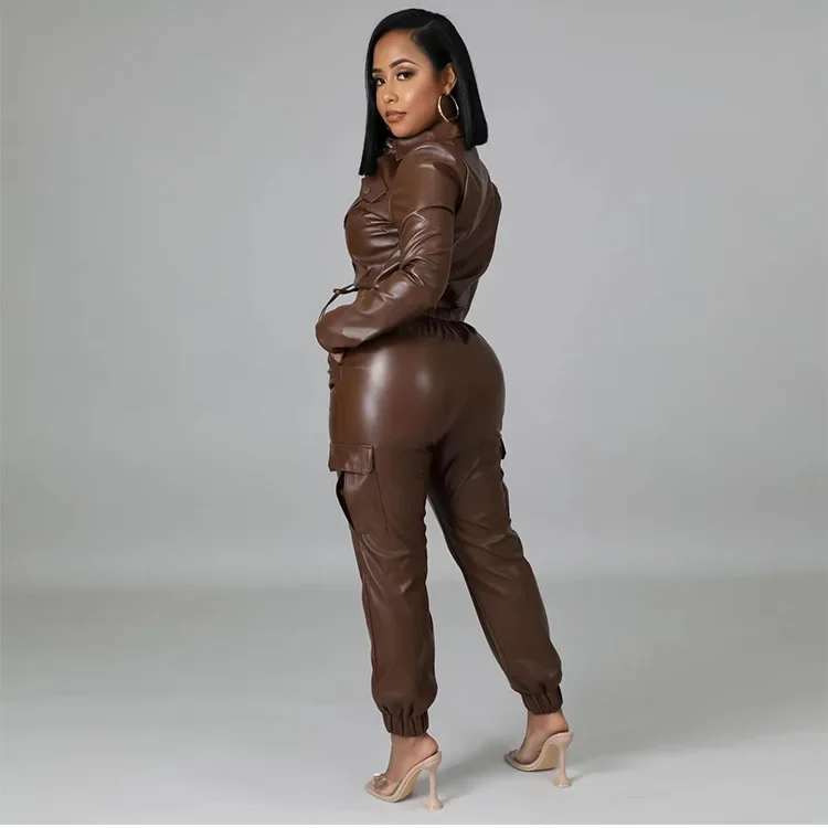Fashion PU Leather Long Pants Set Long Sleeve Jacket Faux Leather Two Piece Outfit for Women Cargo Pants Set 2 Piece Sets Womens