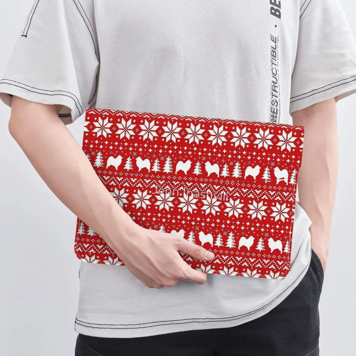 Samoyed Dog Silhouettes Red White Christmas PU Leather Horizontal Laptop Sleeve Shockproof Soft Lining Notebook Case 13 Inch