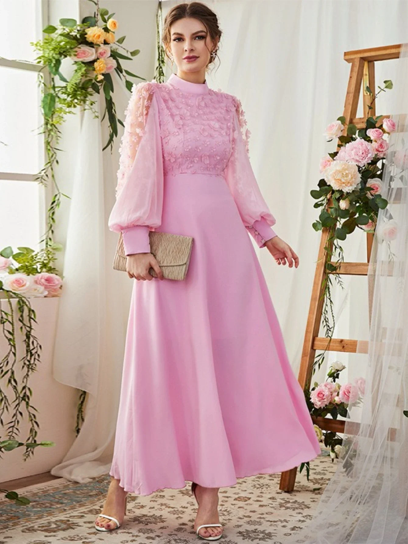 

Eid Pink Flower Dress Women Muslim Appliques Abaya Party Long Dresses Dubai Jalabiya Morocco Vestidos Long Robe Ramadan 2026