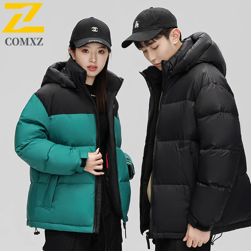 COMXZ Unisex Down Jacket Leisure Splicing Hooded Outdoor Travel Thickened Warm Parka Premium Snow Cold Resistant Puffer Coat