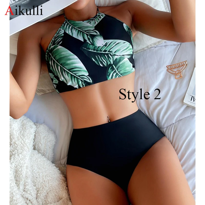 Brown Leaf Print High Waist Bikini Set Swimsuit Women High Neck Tankini Two Pieces Swimwear 2024 Sexy Female Sports Bathing Suit