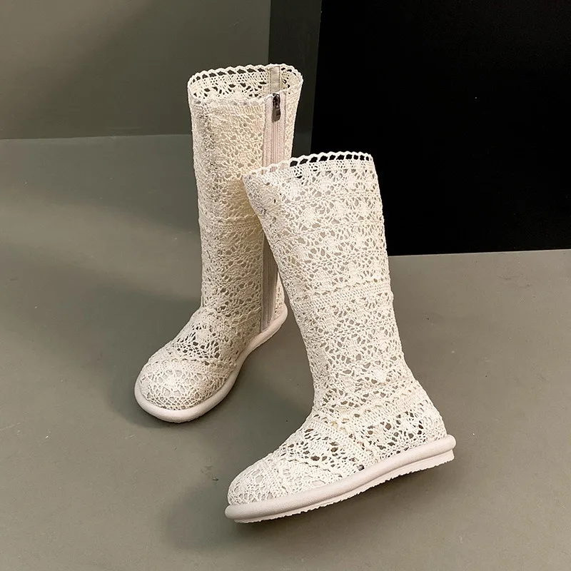 

Women's Hollow Out Mesh Boots New Breathable Summer Cool Boots Designer Lace Knee High Boots for Women High Tube Casual Booties