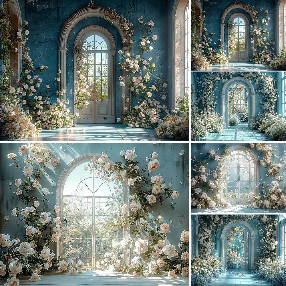 Mocsicka Wedding Church Background Photography Props Floral Decor Arched Window Blue Backdrop Girl Birthday Maternity Photozone