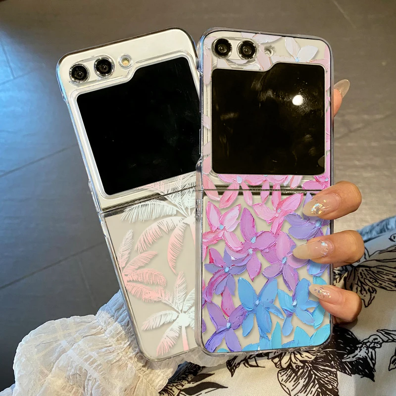 Oil Painting Flower Case For Samsung Galaxy Z Flip5 Flip4 Flip6 Clear Hard Folding Phone Cover Coque For Samsung Z Flip 5 4 3 6