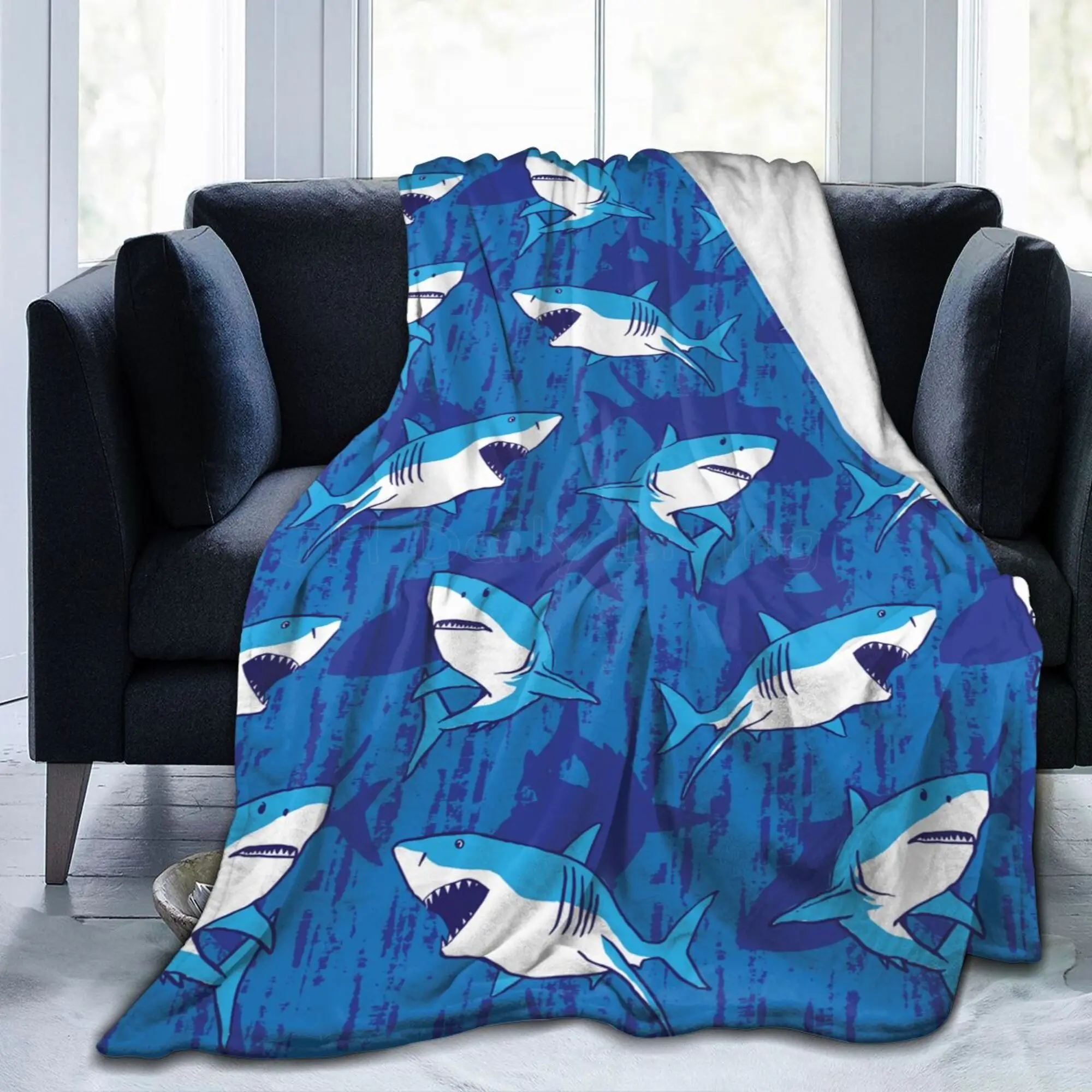 Cute Blue Sharks Flannel Fleece Throw Blanket Women Men Boys Girls Lightweight Soft Warm Blanket for Couch Sofa Bed Travel Hotel