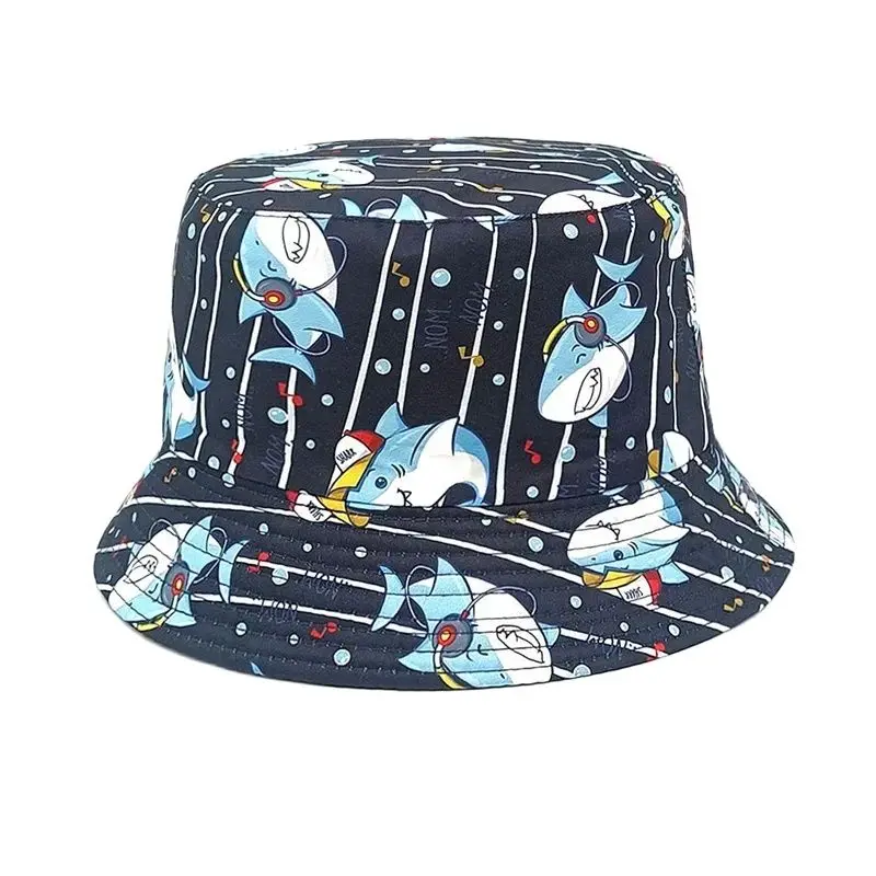 Spring and Summer Polyester Cartoon Shark Print Bucket Hat Outdoor Travel Sun Cap for Child Boy and Girl 104