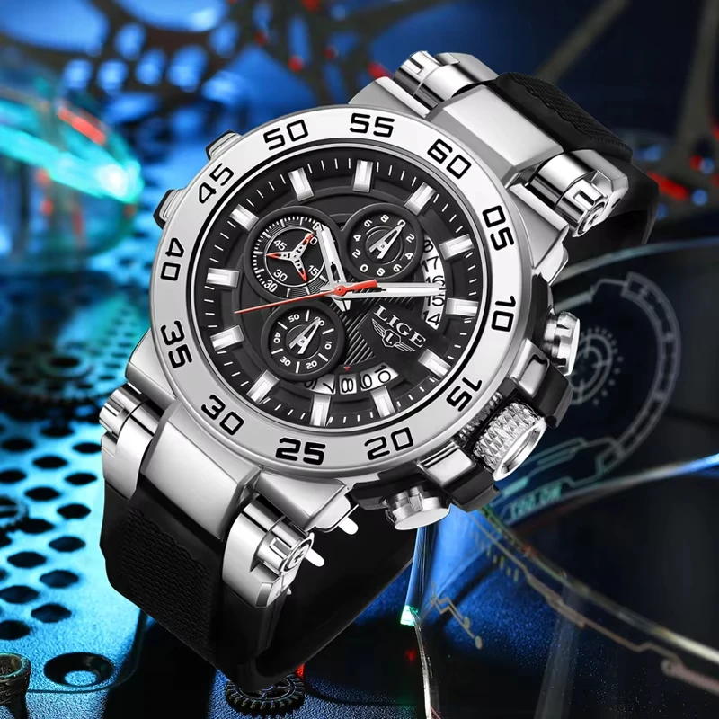 LIGE Fashion Sports Men Watch Top Brand High Quality Auto Date Big Dial Silicone Strap Sports Quartz Watches For Him Gifts