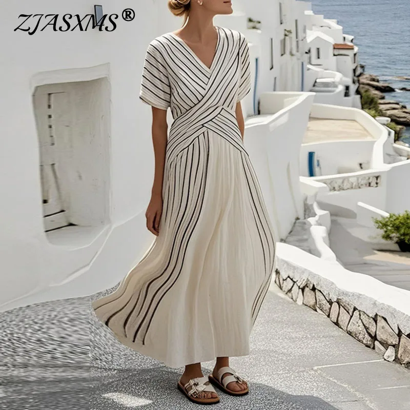 Boho Style Striped Print Patchwork Long Dresses 2025 Spring Sexy V Neck Women Party Dress Summer Short Sleeve Loose Maxi Dresses