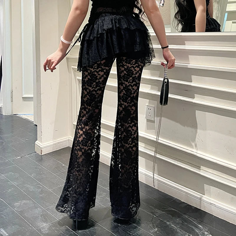 Lilac XN Goth Black Flower Lace Mesh See Through Flared Pants Y2K Sexy Irregular Skirt Pants New Fashion Women Autumn Streetwear