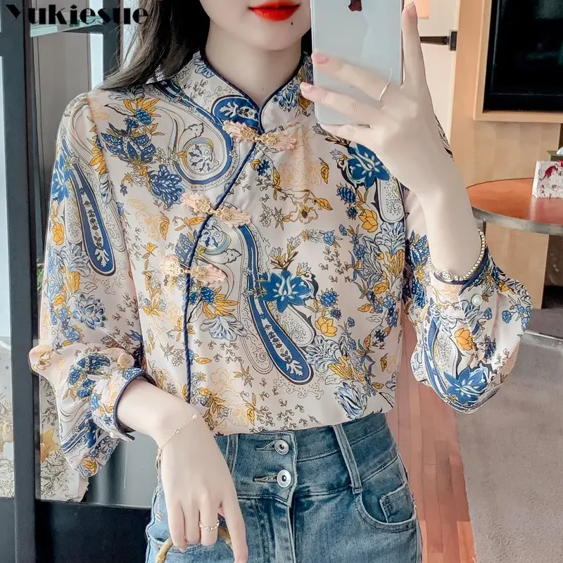 

Spring Long Sleeve Chinese Style Stand Collar Vintage Print Long Sleeve Shirt Trend Button Elegant New Women's Temperament Shirt