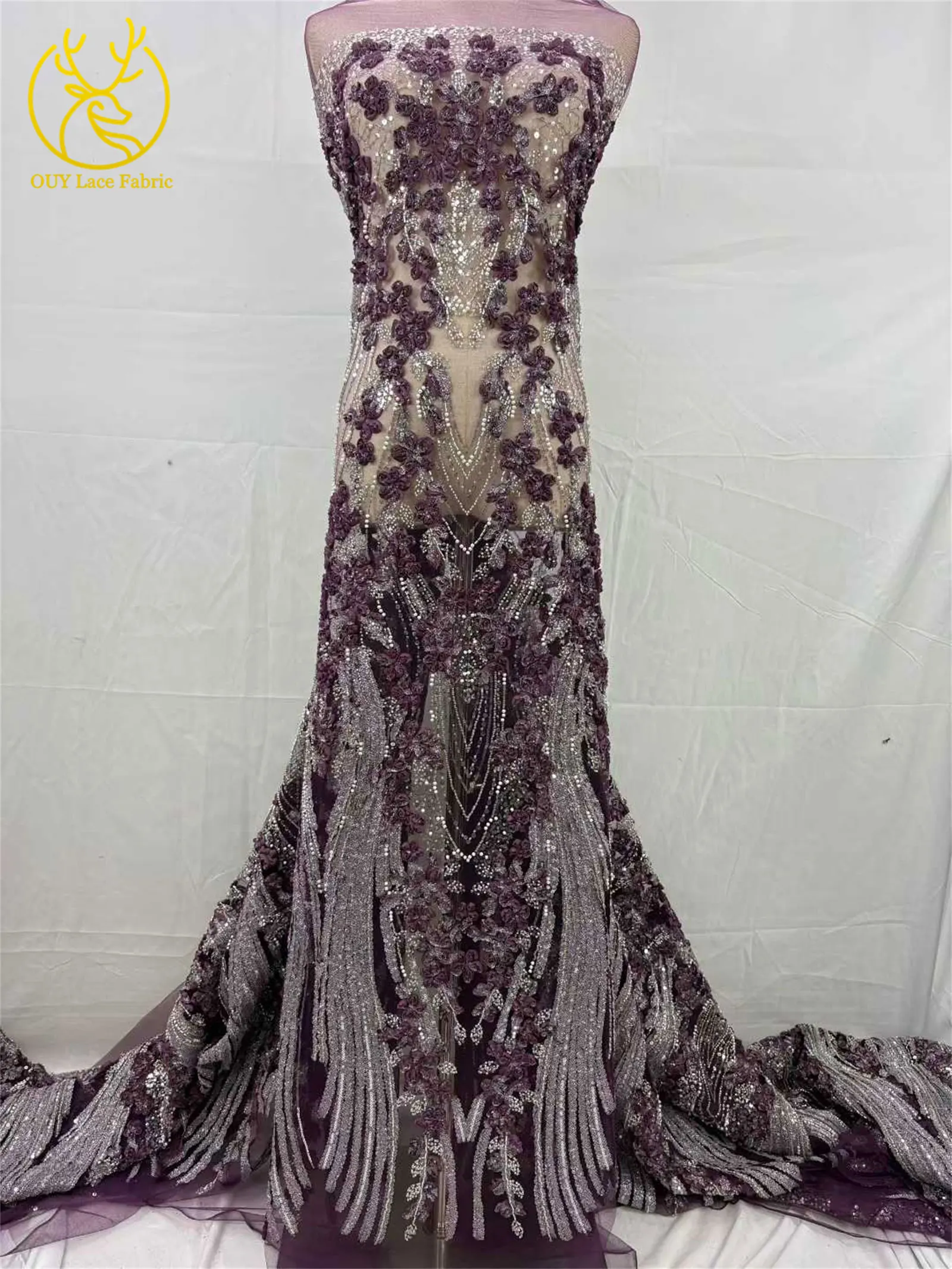 Hochwertiger afrikanischer Perlen-Spitzenstoff, 3D-eleganter französischer nigerianischer Pailletten-Tüll-Spitzenstoff für Damen, Party, Hochzeitskleid, Nähen, 5Y – Detail 6