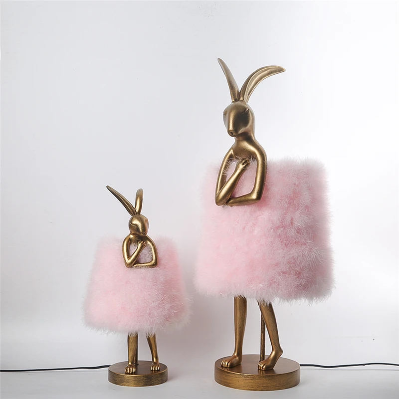 Feather Lamp Cute Rabbit Resin Creative Desk Lamp Bedroom Bedside Children's Room Decoration Girl Gift  Retro Feather Lamp