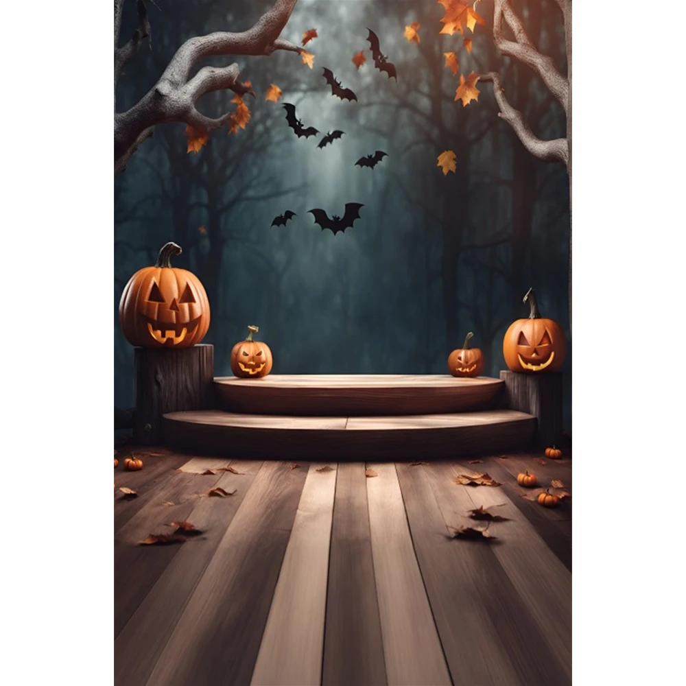 Halloween Pumpkin Lantern Wooden Floor Background Fall Leaves Bat Scary Scene Photography Backdrop Halloween Theme Supplies