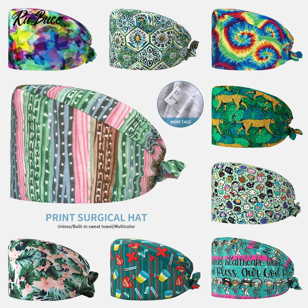 

Unisex Cotton Hospital Scrubs Hats Cartoon Printed Medical Caps Dental Clinic Work Hats Tieback Elastic Pet Grooming Nursing Cap