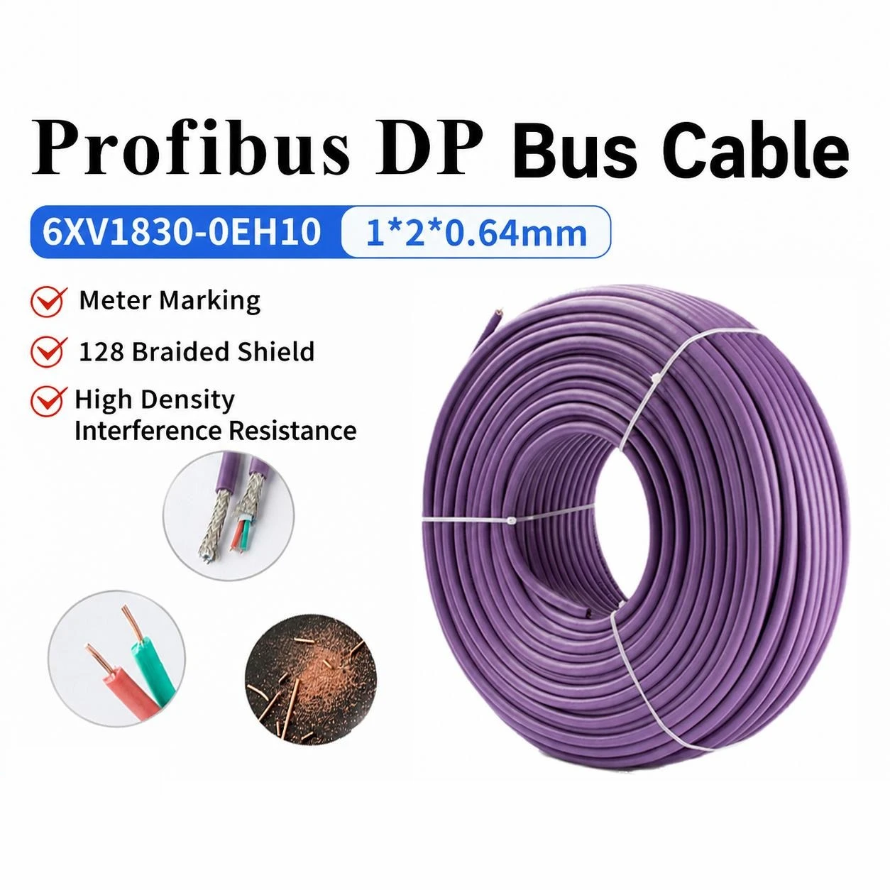 Profibus DP Bus Cable 6XV1830-0EH10 Purple Two Core Shielded Communication Cable for Industrial Automation Network Wiring