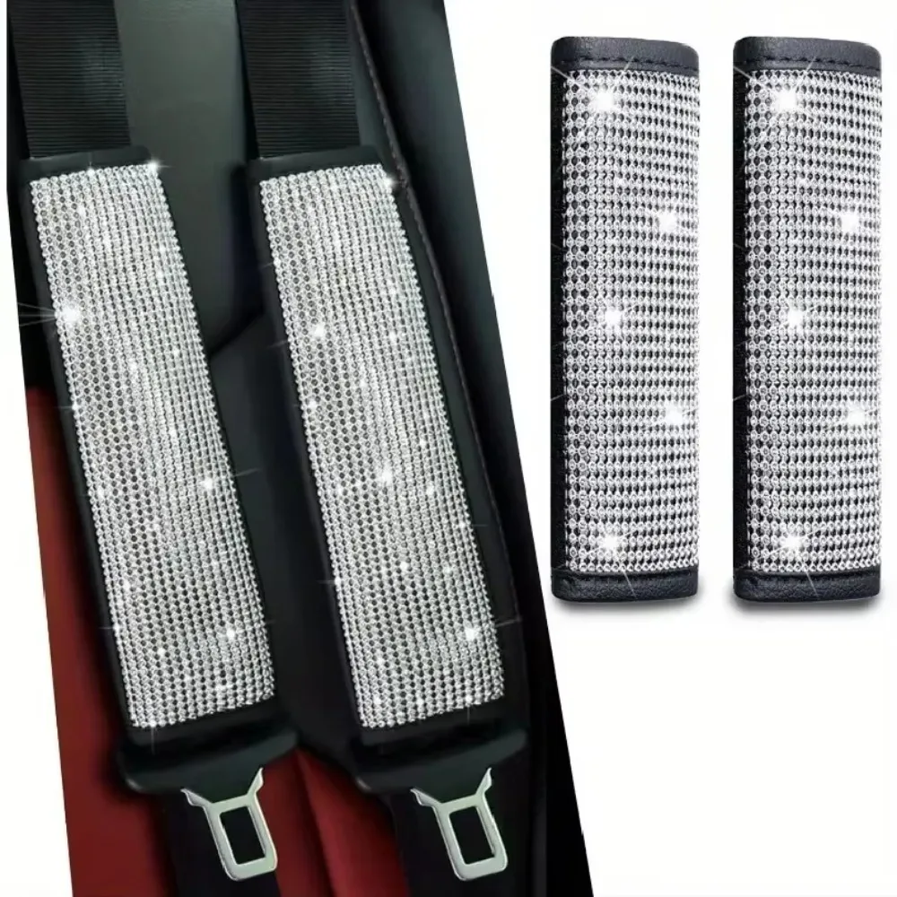 2Pcs Car Seat Belt Cover Shoulder Pad Bling Diamond Crystal Rhinestones Inlaid Decoration Car Interior Accessories for Women