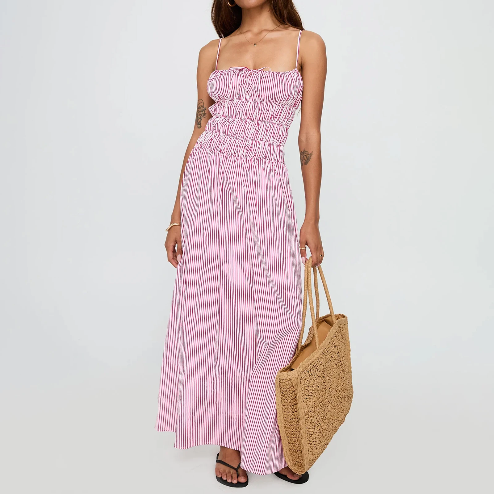 Women's Smocked Long Dress Spaghetti Strap Stripes Floral Print Dress For Beach Vacation Summer Party Daily Wear Streetwear