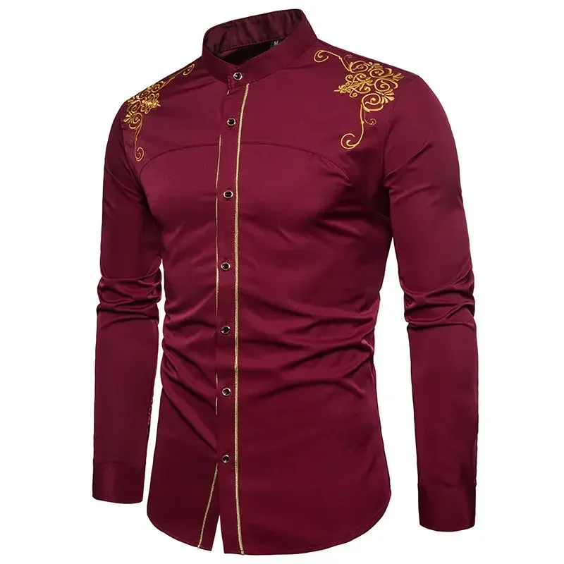 

2023 Spring Autumn Royal Court Style Solid Floral Embroidery Solid Shirts Slim Fit Casual Long Sleeve Shirt XXL