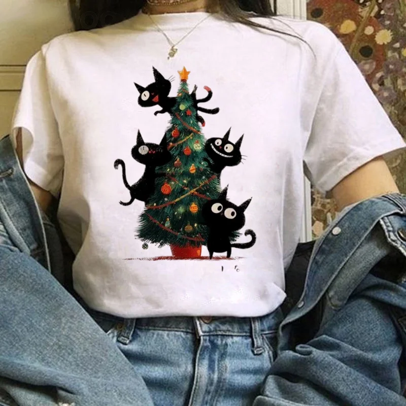 

Повседневный топ, женская одежда с короткими рукавами и принтом, футболка с акварелью, черный кот, рождественская елка, забавная уличная футболка с героями мультфильмов