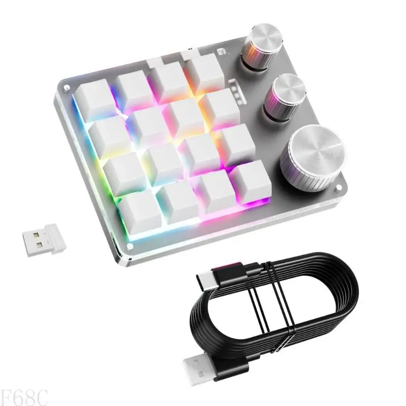 F68C Darded Macro Programmable клавиатура USB Mini 16Keys 3 ручки Hotswappable Mechanical Keyboard Wireless для игр