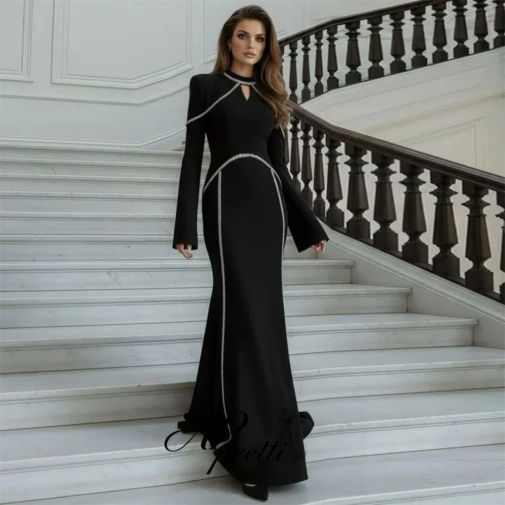AP pretti Elegant Black High Neck Mermaid Evening Gown Dress Long Sleeve Beading Line Backless Formal Party Dress Customized