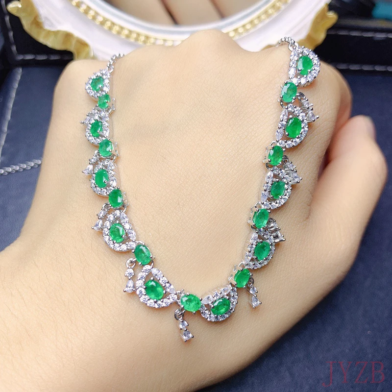 925 Sterling Silver Luxury Vintage 100% Natural Colombian emerald pendant Necklace long sweater Choker party jewelry