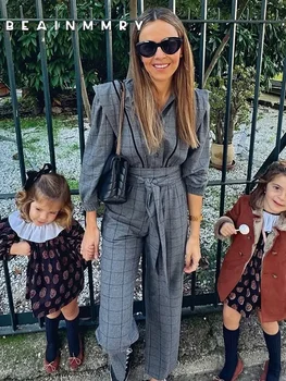 Chic Frauen Plaid Overall Mode Revers Spitze Up Gürtel Langarm Pad Schulter Gerade Hosen 2025, Neue Dame Pendeln Täglichen Verschleiß