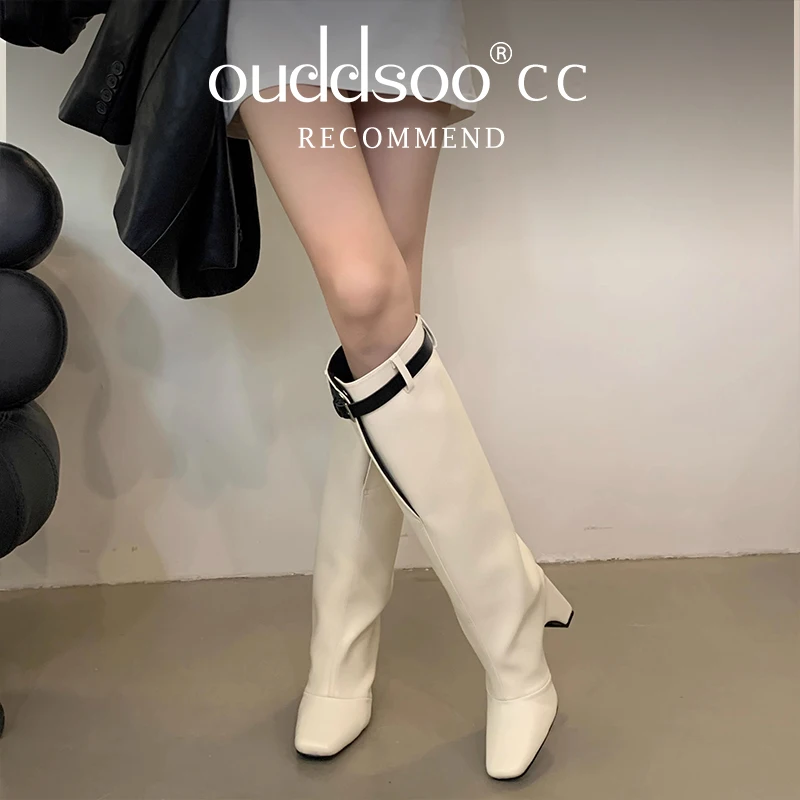 Ods Elegant Heel Knee High Santiago Black Blue White Buckle Artificial Leather New Wide Calf Square Toes Fall Luxury Boots 39 40