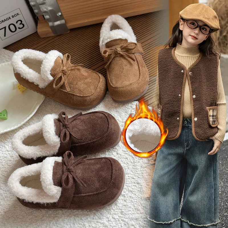 2026 Girls Padded Warm Cotton Shoes 2-18 Years Old Winter New Children's Flat Shoes Soft Bottom Non-slip Children's Baby Boots