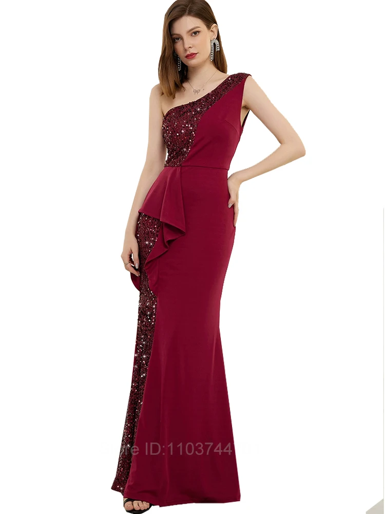 Fashion One Shoulder Sleeveless Wine Red Sequin Evening Prom Gown Celebrity Mermaid Slit Bodycon Lining Cocktail Party Dress