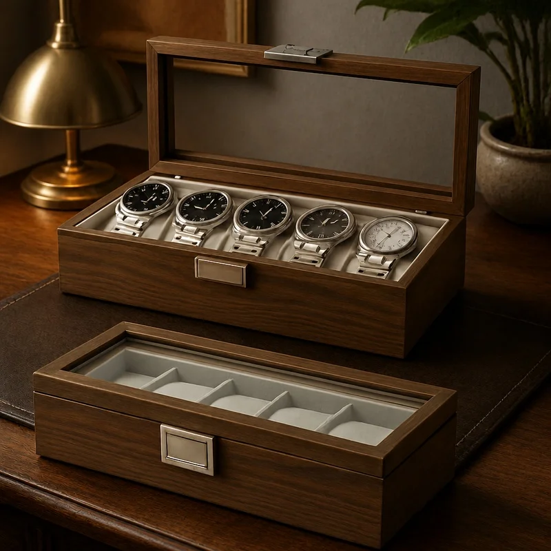 Black Walnut Wooden Organizer Box for 6 Watches with Display Case Design