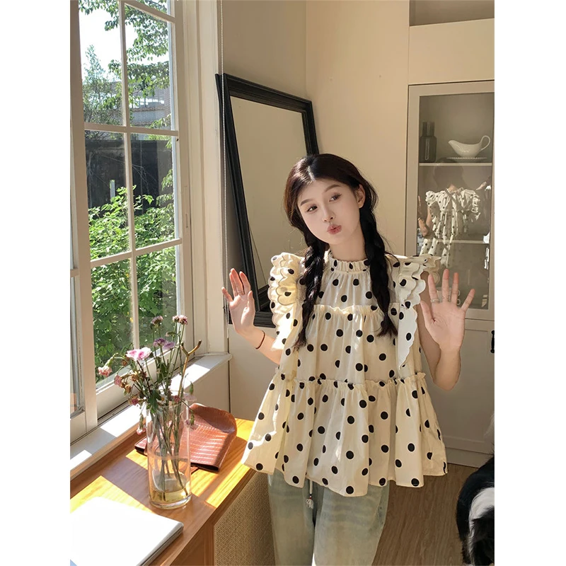 Sweet Cute Polka Dots Shirts Women Korean Ruffles Flying Sleeve Blouses Streetwear Fashion Print Stand Casual Tops Summer New