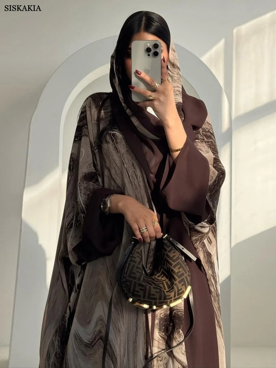 

Siskakia Dubai Fashion Floral Print Open Abayas Femme Batwing Sleeve Kaftan Hijab included 2025