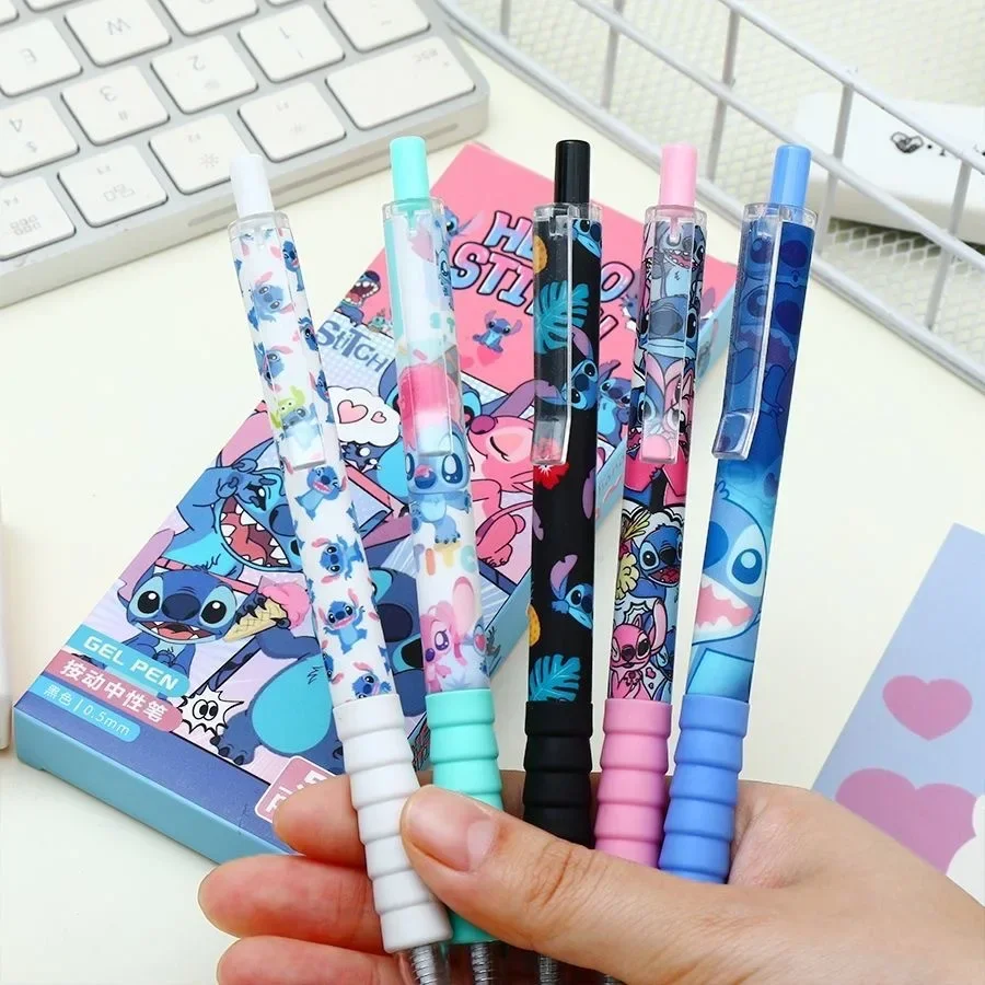 5pcs/box Disney Cute Stitch Ballpoint Pen, Push To Press 0.5mm Black Pen, Cartoon Student Stationery Gifts, Office Supplies