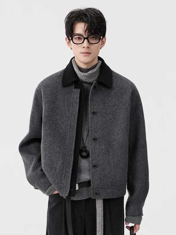 

Мужское двустороннее шерстяное пальто с утеплителем из полиэфирного волокна, повседневное, с откидным воротником