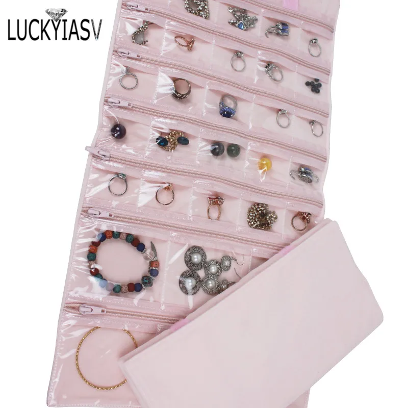 

2022 New Velvet Travel Jewelry Roll Bag Organizer for Necklaces Bracelets 15/31/40/56 Grids Jewellery Storage Zipper Bag