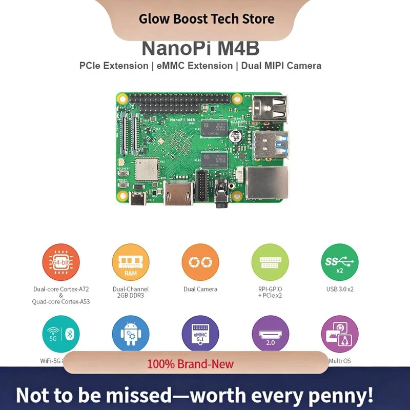 

Glow Open+NanoPi M4B Dual Core-A72+Quad Core A53 Rockchip RK3399 RPI-GPIO+PCIex2 5G Wifi&BT5.0 USB3.0 Multi