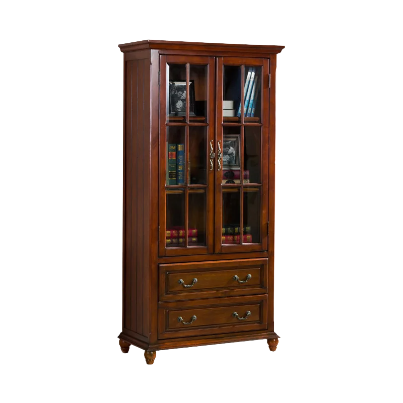 

American double-door bookcase, solid wood two-door display cabinet, with glass floor-to-ceiling storage