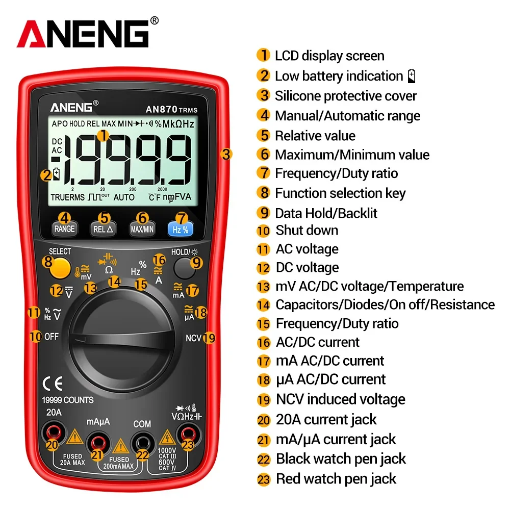 ANENG AN870 Digital Multimeter AC/DC Voltage Current 19999 Count True Rms Profesional NCV Transistor Auto Range Electrician Test view 5