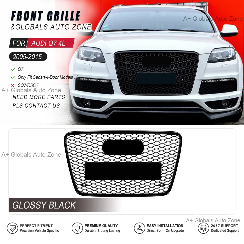 RSQ Style Honeycomb Mesh Grill Upgrade Gloss Black Front Bumper Grille Replacement For Audi Q7 4L 2005-2015 Black Racing Grills