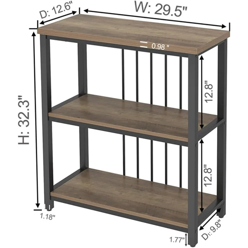 Small Bookshelf and Bookcase, 3 Tier Open Book Shelf, Modern Metal and Wood Shelving Unit for Living Room Bedroom, Oak