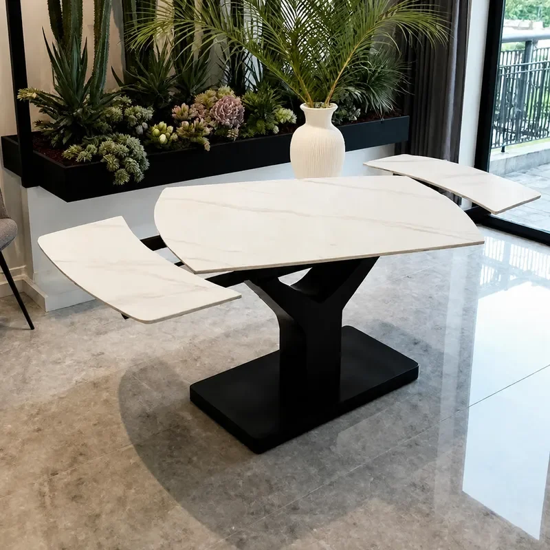 Modern Minimalist Telescopic Rectangular Rock Slab Dining Table for Small Apartment Household Oval Extendable Eating Table