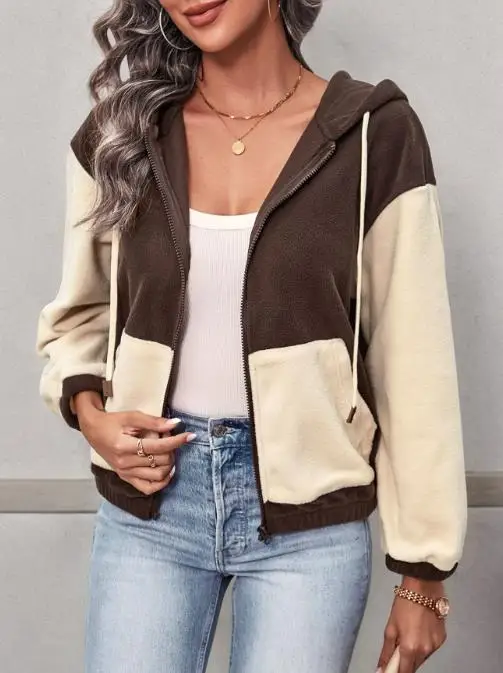 

Color Blocked Cardigan Top 2025 New Fashion Casual Women's Autumn and Winter Fleece Zipper Cardigan Jacket Coat