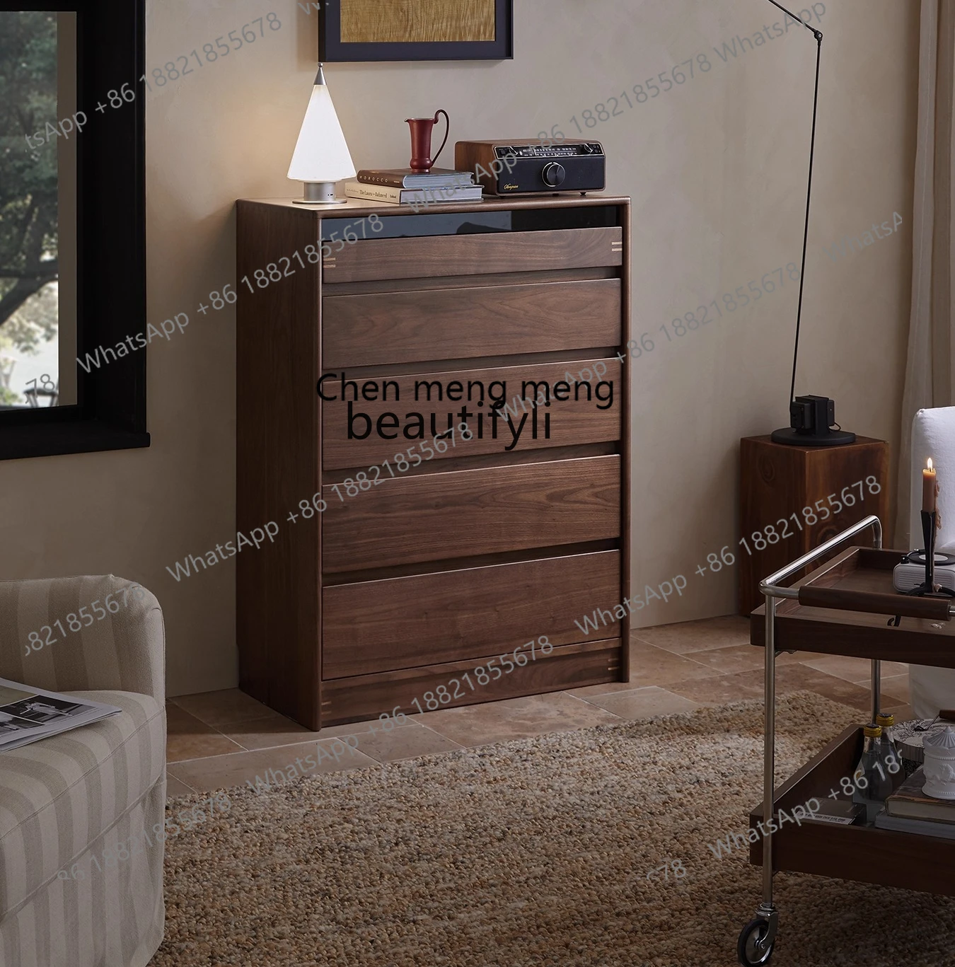 X All Solid Wood Five-Drawer Cabinet for Living Room and Bedroom, Wall-Mounted Sofa Side Cabinet, Storage Cabinet