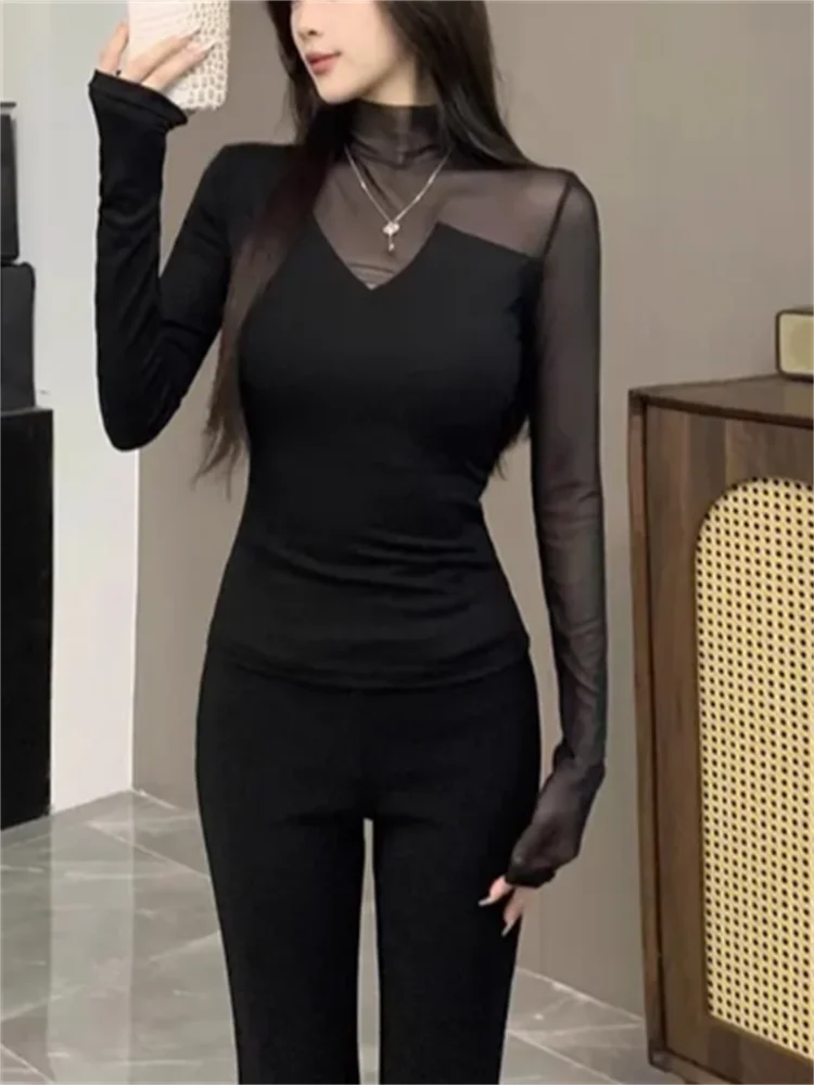 Socialite Tshirts Women Mesh Blouse Semi High Neck Long Sleeve Bottoming T-Shirt Spring Autumn New Casual Female Tee Top