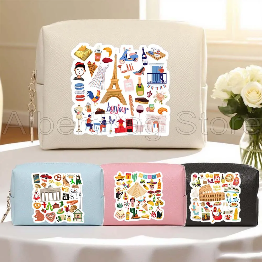 

France Germany Italy Mexico Greece Netherlands Brazil Canada Travel Icons PU Cosmetic Bags Makeup Case Waterproof Storage Bags