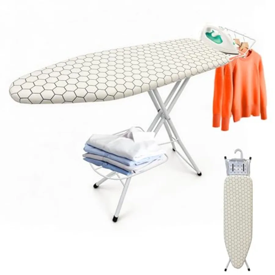 

Premium Ironing Board Full Size Wobble-Free Standard Iron Board with Built-in Hook Hanger Bar Clothes Rack Wide Surface Board w