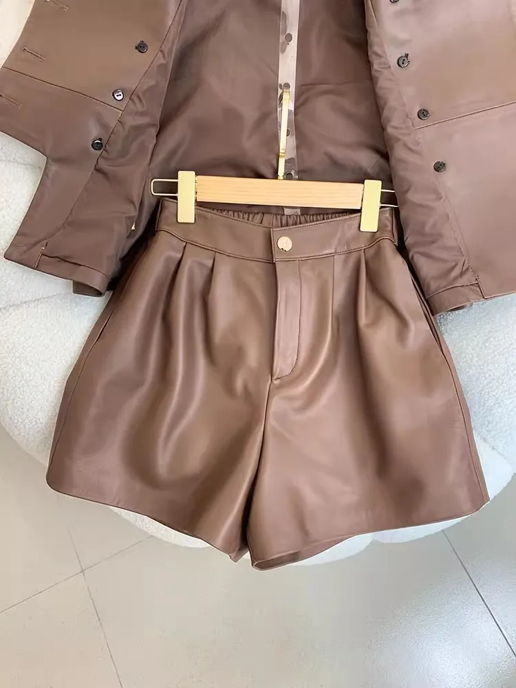 Celana Pendek Atasan Rompi Kancing Dua Baris Wanita Baru Musim Semi Set Dua Potong Pakaian Jalanan Kulit Asli Kulit Domba Lembut Kasual